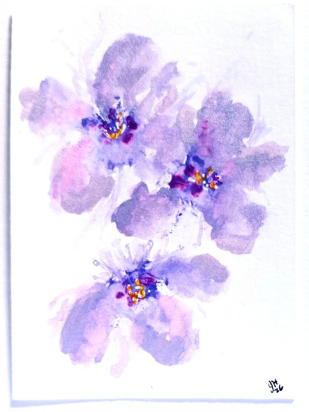 ACEO Watercolor Floral Violet tones with Iridescent Petals OOAK Ships Free